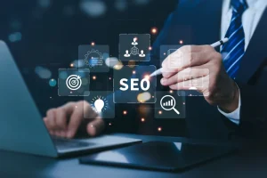 SEO analytics dashboard showing organic search visibility growth and keyword rankings on Google.