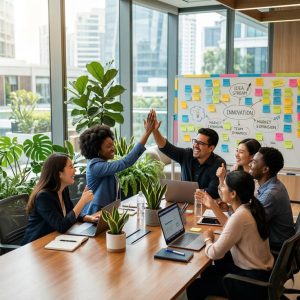 A professional digital marketing company team collaborating in a modern office to analyze client growth metrics.